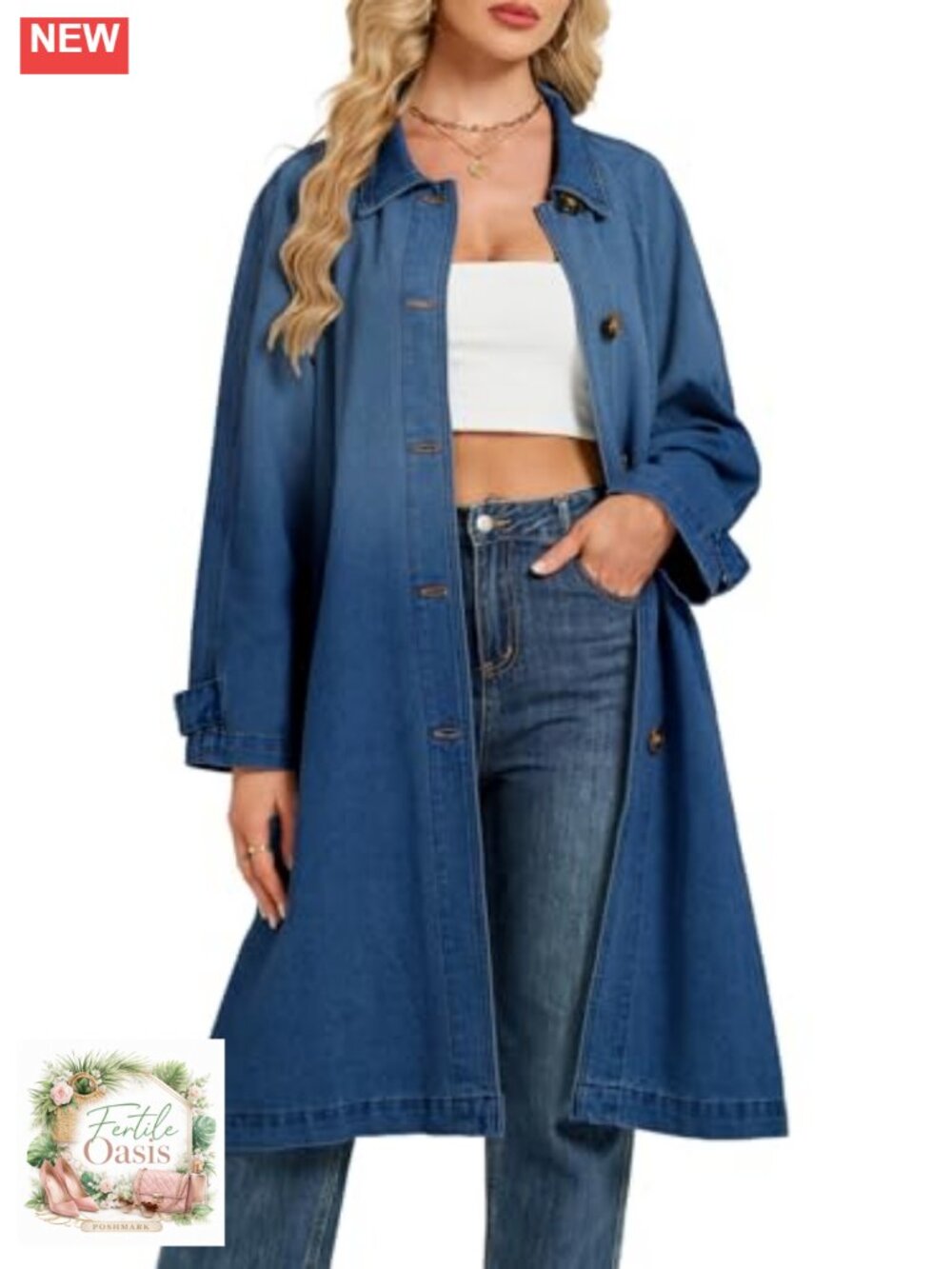 Oversized Midi Denim Trench Jacket Women Long Jean Duster Coat